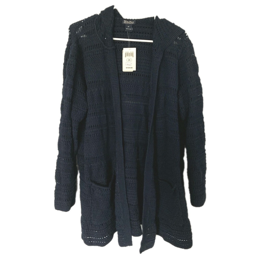 Lucky Brand Cardigan Sweater Women 2X Navy Hooded Open Crochet Pockets NWT